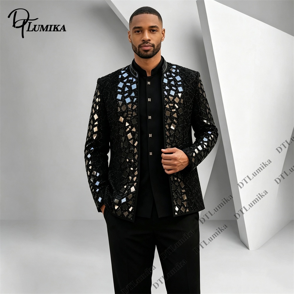 Men Formal Wear Pants - Terno Masculino Preto com Gola Mandarim,